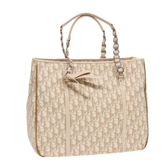 DIOR Trotter Canvas Chain Tote Bag Beige Silver - Picture 1 of 16